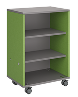 Mobile classroom storage unit with all-shelf configuration, customizable laminate finishes, optional doors, and durable casters for organized, flexible storage.
