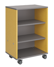 Load image into Gallery viewer, Mobile classroom storage unit with all-shelf configuration, customizable laminate finishes, optional doors, and durable casters for organized, flexible storage.
