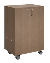 Load image into Gallery viewer, Mobile classroom storage unit with all-shelf configuration, customizable laminate finishes, optional doors, and durable casters for organized, flexible storage.
