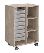 Load image into Gallery viewer, Mobile classroom storage unit with one tray column and one cubby column, customizable laminate finishes, optional doors, and durable casters for organized, flexible storage.

