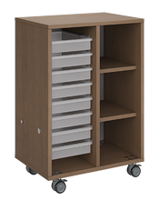 Load image into Gallery viewer, Mobile classroom storage unit with one tray column and one cubby column, customizable laminate finishes, optional doors, and durable casters for organized, flexible storage.
