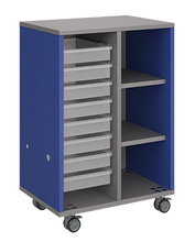 Load image into Gallery viewer, Mobile classroom storage unit with one tray column and one cubby column, customizable laminate finishes, optional doors, and durable casters for organized, flexible storage.
