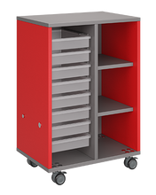 Load image into Gallery viewer, Mobile classroom storage unit with one tray column and one cubby column, customizable laminate finishes, optional doors, and durable casters for organized, flexible storage.
