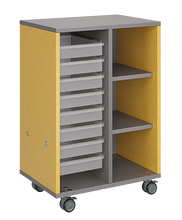 Load image into Gallery viewer, Mobile classroom storage unit with one tray column and one cubby column, customizable laminate finishes, optional doors, and durable casters for organized, flexible storage.
