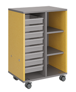 Mobile classroom storage unit with one tray column and one cubby column, customizable laminate finishes, optional doors, and durable casters for organized, flexible storage.