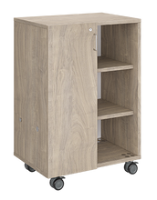 Load image into Gallery viewer, Mobile classroom storage unit with one tray column and one cubby column, customizable laminate finishes, optional doors, and durable casters for organized, flexible storage.
