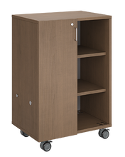 Load image into Gallery viewer, Mobile classroom storage unit with one tray column and one cubby column, customizable laminate finishes, optional doors, and durable casters for organized, flexible storage.
