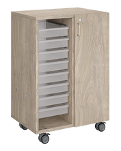 Load image into Gallery viewer, Mobile classroom storage unit with one tray column and one cubby column, customizable laminate finishes, optional doors, and durable casters for organized, flexible storage.
