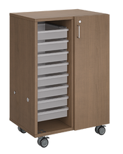 Load image into Gallery viewer, Mobile classroom storage unit with one tray column and one cubby column, customizable laminate finishes, optional doors, and durable casters for organized, flexible storage.
