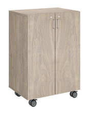 Load image into Gallery viewer, Mobile classroom storage unit with one tray column and one cubby column, customizable laminate finishes, optional doors, and durable casters for organized, flexible storage.

