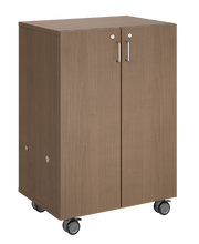 Load image into Gallery viewer, Mobile classroom storage unit with one tray column and one cubby column, customizable laminate finishes, optional doors, and durable casters for organized, flexible storage.
