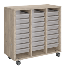 Load image into Gallery viewer, Mobile classroom storage unit with a three-column, all-tray configuration, customizable laminate finishes, optional doors, and durable casters.
