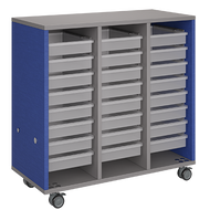 Mobile classroom storage unit with a three-column, all-tray configuration, customizable laminate finishes, optional doors, and durable casters.