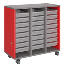 Load image into Gallery viewer, Mobile classroom storage unit with a three-column, all-tray configuration, customizable laminate finishes, optional doors, and durable casters.

