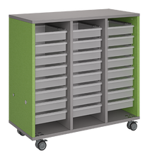 Load image into Gallery viewer, Mobile classroom storage unit with a three-column, all-tray configuration, customizable laminate finishes, optional doors, and durable casters.
