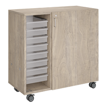 Load image into Gallery viewer, Mobile classroom storage unit with a three-column, all-tray configuration, customizable laminate finishes, optional doors, and durable casters.
