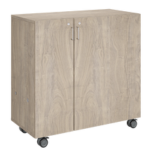 Load image into Gallery viewer, Mobile classroom storage unit with a three-column, all-tray configuration, customizable laminate finishes, optional doors, and durable casters.
