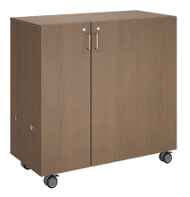 Load image into Gallery viewer, Mobile classroom storage unit with a three-column, all-tray configuration, customizable laminate finishes, optional doors, and durable casters.
