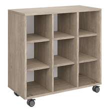 Load image into Gallery viewer, Mobile classroom storage with a three-column, all-cubby configuration, customizable laminate finishes, optional doors, and durable casters.
