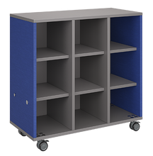 Load image into Gallery viewer, Mobile classroom storage with a three-column, all-cubby configuration, customizable laminate finishes, optional doors, and durable casters.
