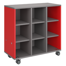 Load image into Gallery viewer, Mobile classroom storage with a three-column, all-cubby configuration, customizable laminate finishes, optional doors, and durable casters.
