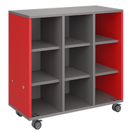 Mobile classroom storage with a three-column, all-cubby configuration, customizable laminate finishes, optional doors, and durable casters.