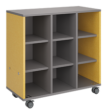 Load image into Gallery viewer, Mobile classroom storage with a three-column, all-cubby configuration, customizable laminate finishes, optional doors, and durable casters.
