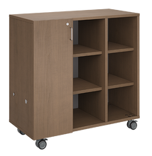 Load image into Gallery viewer, Mobile classroom storage with a three-column, all-cubby configuration, customizable laminate finishes, optional doors, and durable casters.

