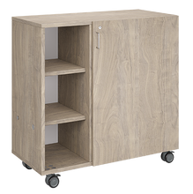 Load image into Gallery viewer, Mobile classroom storage with a three-column, all-cubby configuration, customizable laminate finishes, optional doors, and durable casters.
