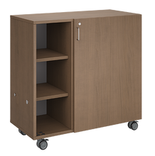 Load image into Gallery viewer, Mobile classroom storage with a three-column, all-cubby configuration, customizable laminate finishes, optional doors, and durable casters.
