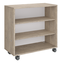 Load image into Gallery viewer, Mobile classroom storage with a three-column, all-shelf configuration, customizable laminate finishes, optional doors, and durable casters for flexible storage.
