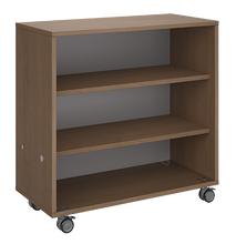 Load image into Gallery viewer, Mobile classroom storage with a three-column, all-shelf configuration, customizable laminate finishes, optional doors, and durable casters for flexible storage.
