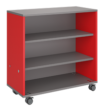 Load image into Gallery viewer, Mobile classroom storage with a three-column, all-shelf configuration, customizable laminate finishes, optional doors, and durable casters for flexible storage.
