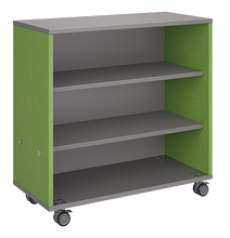 Load image into Gallery viewer, Mobile classroom storage with a three-column, all-shelf configuration, customizable laminate finishes, optional doors, and durable casters for flexible storage.
