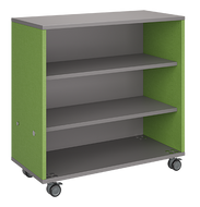 Mobile classroom storage with a three-column, all-shelf configuration, customizable laminate finishes, optional doors, and durable casters for flexible storage.