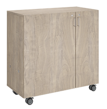 Load image into Gallery viewer, Mobile classroom storage with a three-column, all-shelf configuration, customizable laminate finishes, optional doors, and durable casters for flexible storage.
