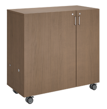 Load image into Gallery viewer, Mobile classroom storage with a three-column, all-shelf configuration, customizable laminate finishes, optional doors, and durable casters for flexible storage.
