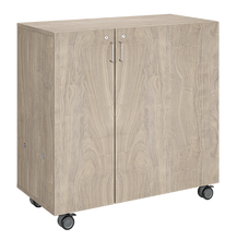 Load image into Gallery viewer, Mobile classroom storage with a three-column, all-shelf configuration, customizable laminate finishes, optional doors, and durable casters for flexible storage.

