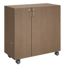 Load image into Gallery viewer, Mobile classroom storage with a three-column, all-shelf configuration, customizable laminate finishes, optional doors, and durable casters for flexible storage.

