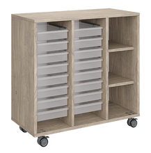 Load image into Gallery viewer, Mobile classroom storage featuring two tray columns and one cubby column, customizable finishes, optional doors, and locking casters for mobility.
