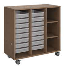 Load image into Gallery viewer, Mobile classroom storage featuring two tray columns and one cubby column, customizable finishes, optional doors, and locking casters for mobility.
