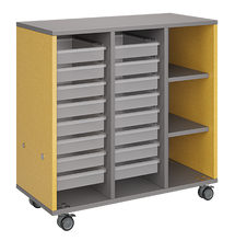 Load image into Gallery viewer, Mobile classroom storage featuring two tray columns and one cubby column, customizable finishes, optional doors, and locking casters for mobility.

