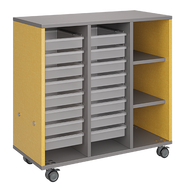 Mobile classroom storage featuring two tray columns and one cubby column, customizable finishes, optional doors, and locking casters for mobility.