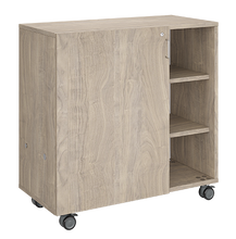Load image into Gallery viewer, Mobile classroom storage featuring two tray columns and one cubby column, customizable finishes, optional doors, and locking casters for mobility.
