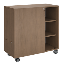 Load image into Gallery viewer, Mobile classroom storage featuring two tray columns and one cubby column, customizable finishes, optional doors, and locking casters for mobility.

