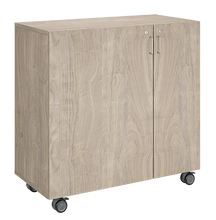 Load image into Gallery viewer, Mobile classroom storage featuring two tray columns and one cubby column, customizable finishes, optional doors, and locking casters for mobility.
