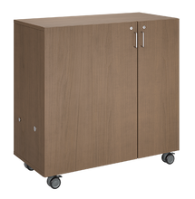 Load image into Gallery viewer, Mobile classroom storage featuring two tray columns and one cubby column, customizable finishes, optional doors, and locking casters for mobility.
