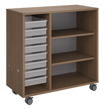 Load image into Gallery viewer, Mobile classroom rolling storage with one tray column and one shelf column for organized classroom materials.
