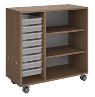 Mobile classroom rolling storage with one tray column and one shelf column for organized classroom materials.