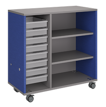 Load image into Gallery viewer, Mobile classroom rolling storage with one tray column and one shelf column for organized classroom materials.
